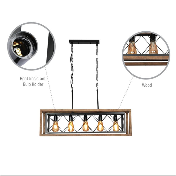 Close up shots of Black Metal Cage Old Wood Cuboid Kitchen Island Chandelier Ceiling Light with 5xE27 | TEKLED 159-17860