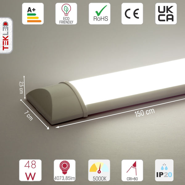 Technical specs and measurements for LED Surface Mounted Linear Fitting 48W 5000K Cool White IP20 150cm 5ft