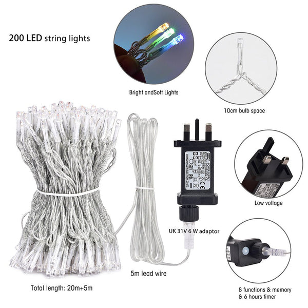 Close up and dimensions of Crater LED String Light 200 LEDs 25m with Power Adaptor Multi-colour LED String Light