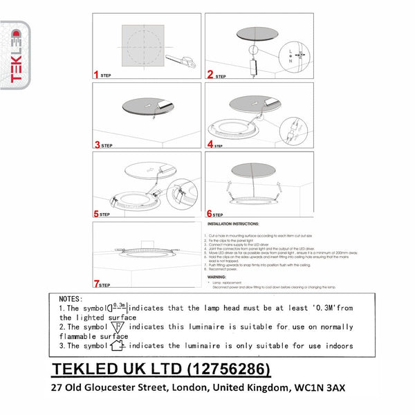 User manual and box content of downlight led round slim panel light 18w 3000k warm white d220mm