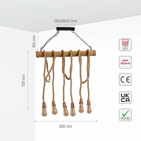 Product dimensions of bamboo and hemp rope rod chandelier with 6xe27 fitting 150-18132