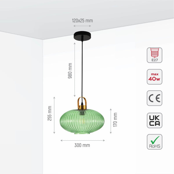 Size and specs of Sawyer Ribbed Fluted Reeded Maloto Lantern Green Glass Pendant Ceiling Light E27 Gold Handled  | TEKLED 150-18706
