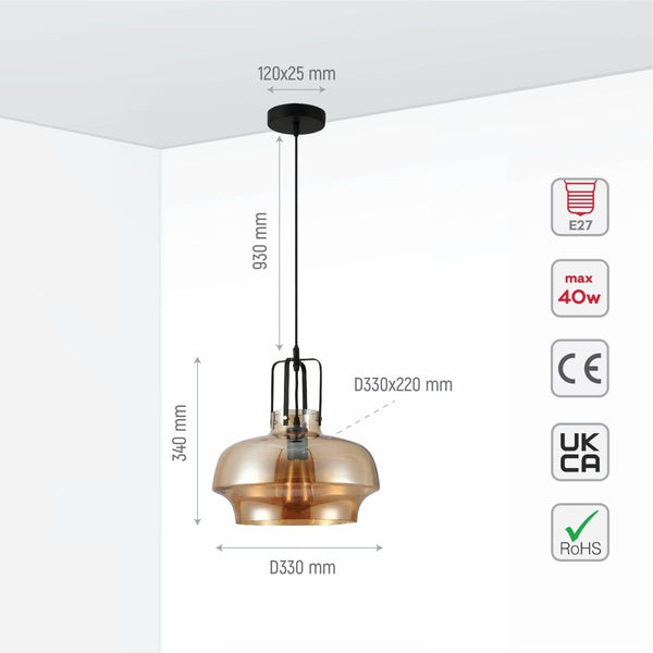 Size and specs of Black Metal Amber Glass Step Pendant Ceiling Light with E27 | TEKLED 158-19750