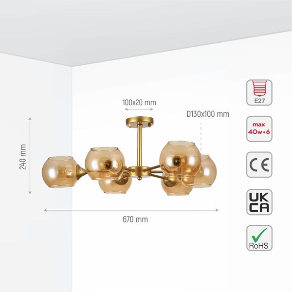 Size and specs of Amber Sides Open Globe Glass Gold Semi Flush Ceiling Light E27 | TEKLED 159-17636