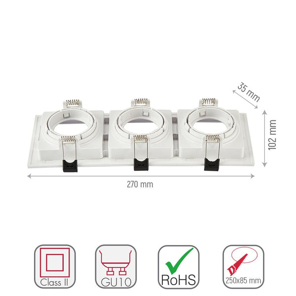 Size and specs of Polycarbonate Grill Tilt Recessed Downlight GU10 White or Black Single Double Triple | TEKLED 164-03013  164-03019