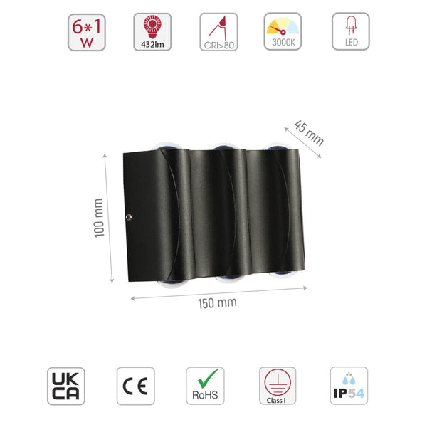 Size and specs of Black Corrugated Up Down Outdoor Modern LED Wall Light | TEKLED 183-03328