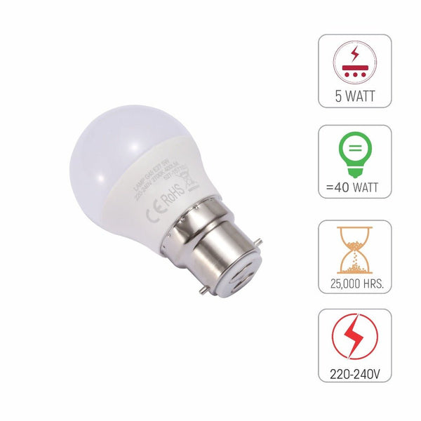 Technical specs of Ursa LED Golf Ball G45 B22 Bayonet Cap 5W 2700K Warm White 4000K Cool White 6500K Cool Daylight Pack of 6