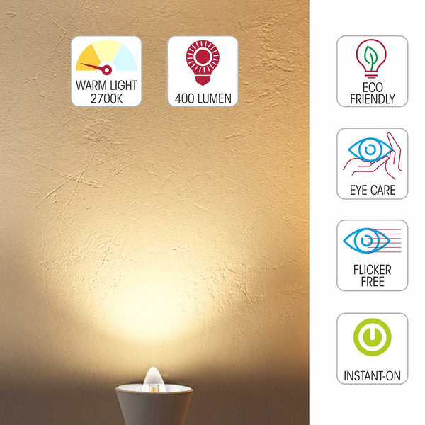 Light specs of  led filament bulb candle c35 tail e14 small edison screw 4w 400lm warm white 2700k clear pack of 6/10  583-150146  583-150606 583-1501510