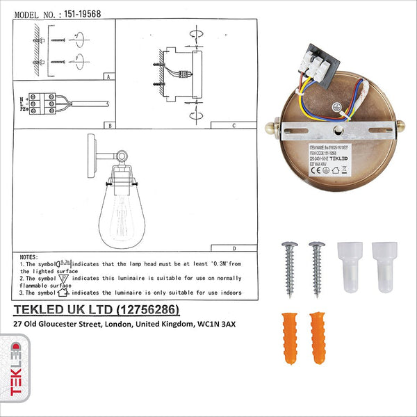 User manual and installation tools of Antique Brass Body Clear Glass Globe Wall Light with E27 Fitting