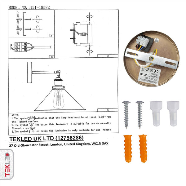 User manual and installation tools of Antique Brass Hinged Metal Funnel Wall Light with E27 Fitting