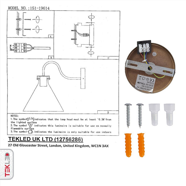 User manual and installation tools of Antique Brass Metal Clear Glass Funnel Wall Light with E27 Fitting