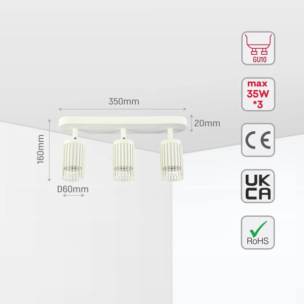 Size and technical specs of the Aria Cage-Bar Adjustable GU10 Spotlight-172-03156