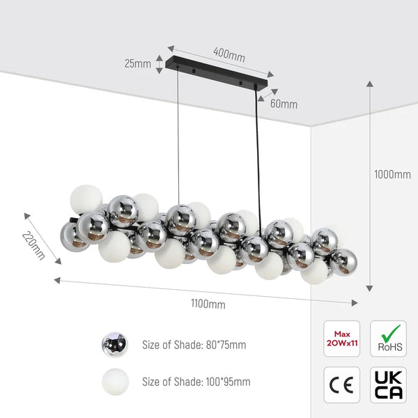 Size and technical specs of the Celestial Cluster Vertical and Horizontal Chandeliers-159-18314