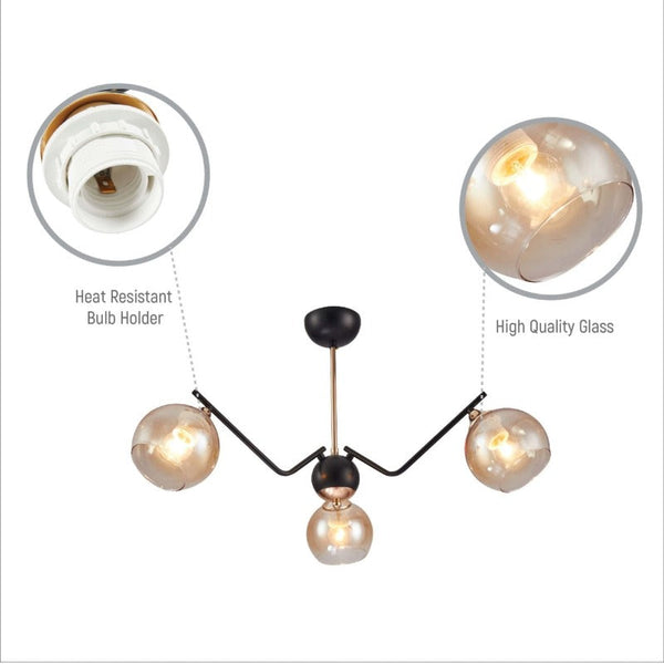 Close up of Amber Cone Glass Black Gold Metal Spider Semi Flush Ceiling Light | TEKLED 159-17182