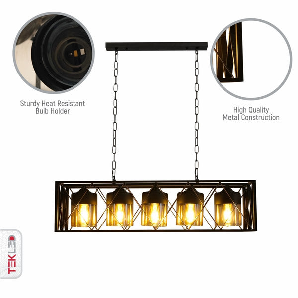 Close up shots of Black Caged Metal Amber Cylinder Glass Island Chandelier with 5xE27 Fitting | TEKLED 158-19580