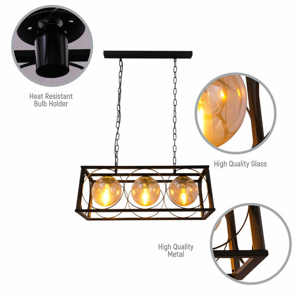 Close up shots of Black Cuboid Metal Amber Globe Glass Island Chandelier Ceiling Light with 3xE27 | TEKLED 150-18080