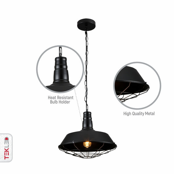 Close up shots of Black Step Caged Industrial Metal Ceiling Pendant Light with E27 Fitting | TEKLED 150-18362