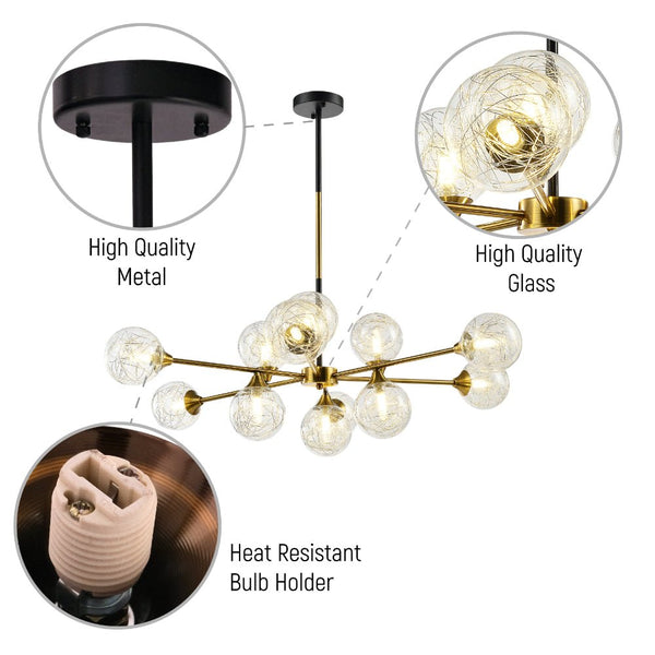 Close up shots of Gold Metal Sputnik Clear Globe Glass Chandelier Ceiling Light with 12xG9 Fittings | TEKLED 158-19576