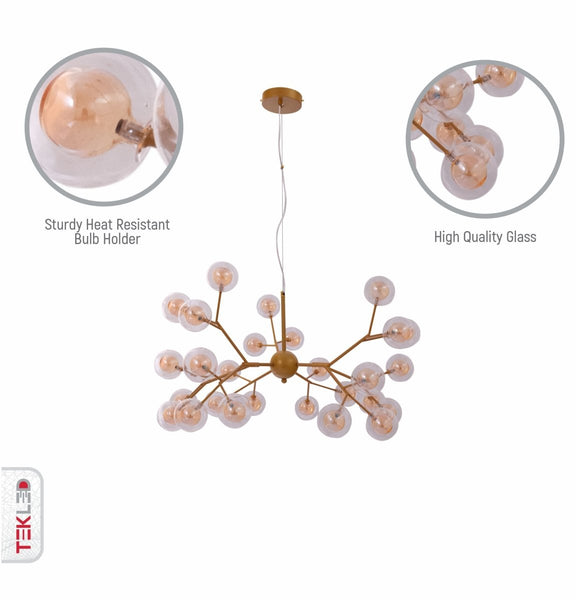 Close up shots of Neuron Model Gold and Amber Chandelier with 27xG4 Fittings | TEKLED 158-19616