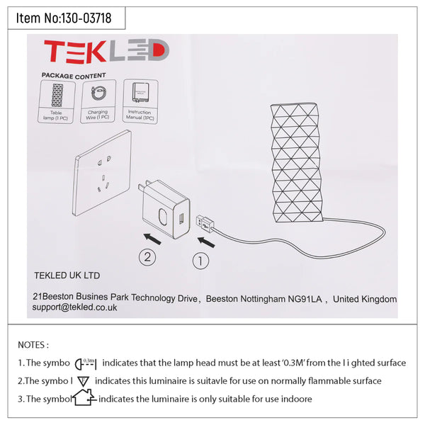 Technical specs of Crystal Beam Rechargeable Cylinder Lamp 130-03718