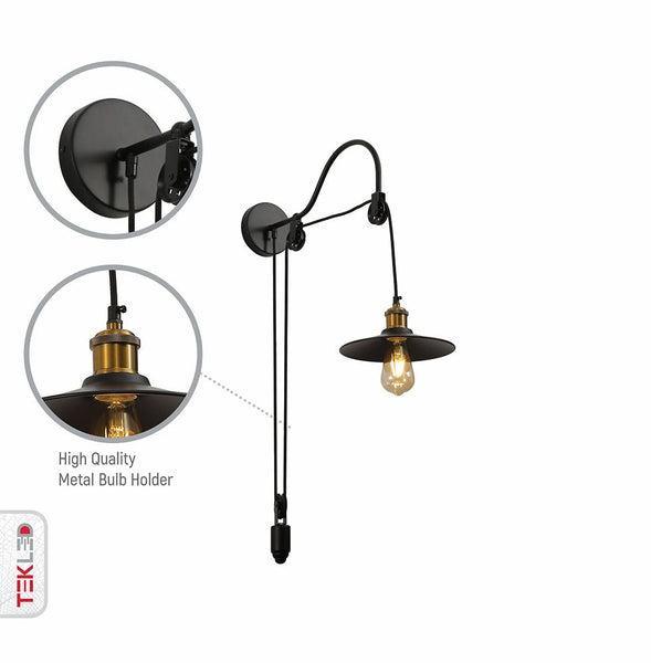 Features of black metal funnel pulley wall light e27