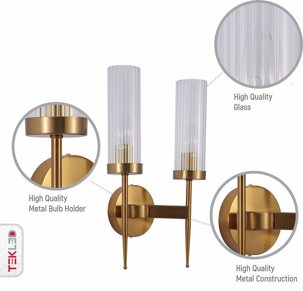 Features of Gold Aluminium Bronze Cylinder Clear Glass Wall Light with 2xE14 Fitting