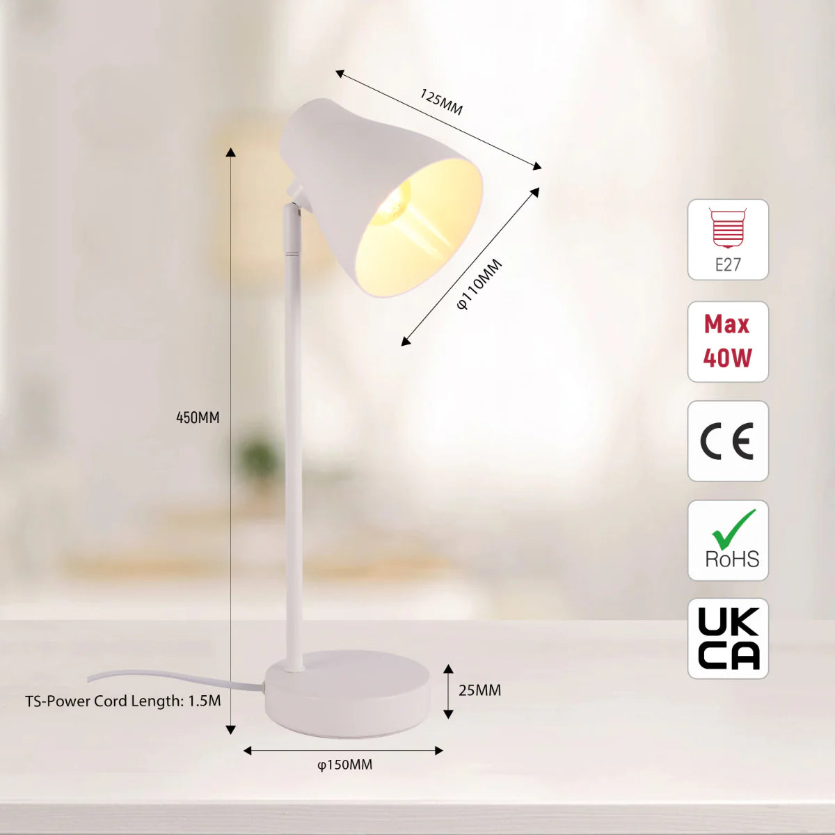 Size and certifications of Elegant Rotatable Desk Lamp in Assorted Colors 130-03652