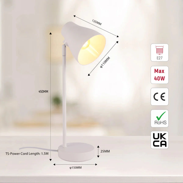 Size and certifications of Elegant Rotatable Desk Lamp in Assorted Colors 130-03652