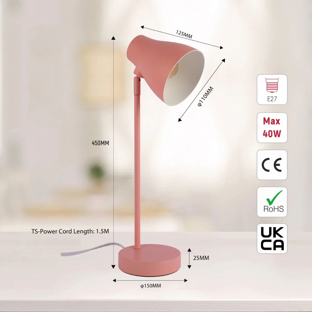 Size and certifications of Elegant Rotatable Desk Lamp in Assorted Colors 130-03656