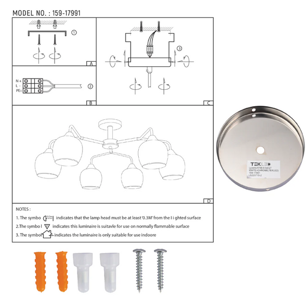 User manual for Elegant Wishbone Chrome & Smoky Glass Semi Flush Ceiling Light | TEKLED 159-17991