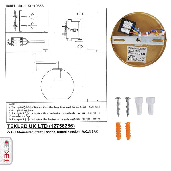 User manual and installation tools of Gold Aluminium Bronze Body Clear Glass Globe Wall Light with E27 Fitting