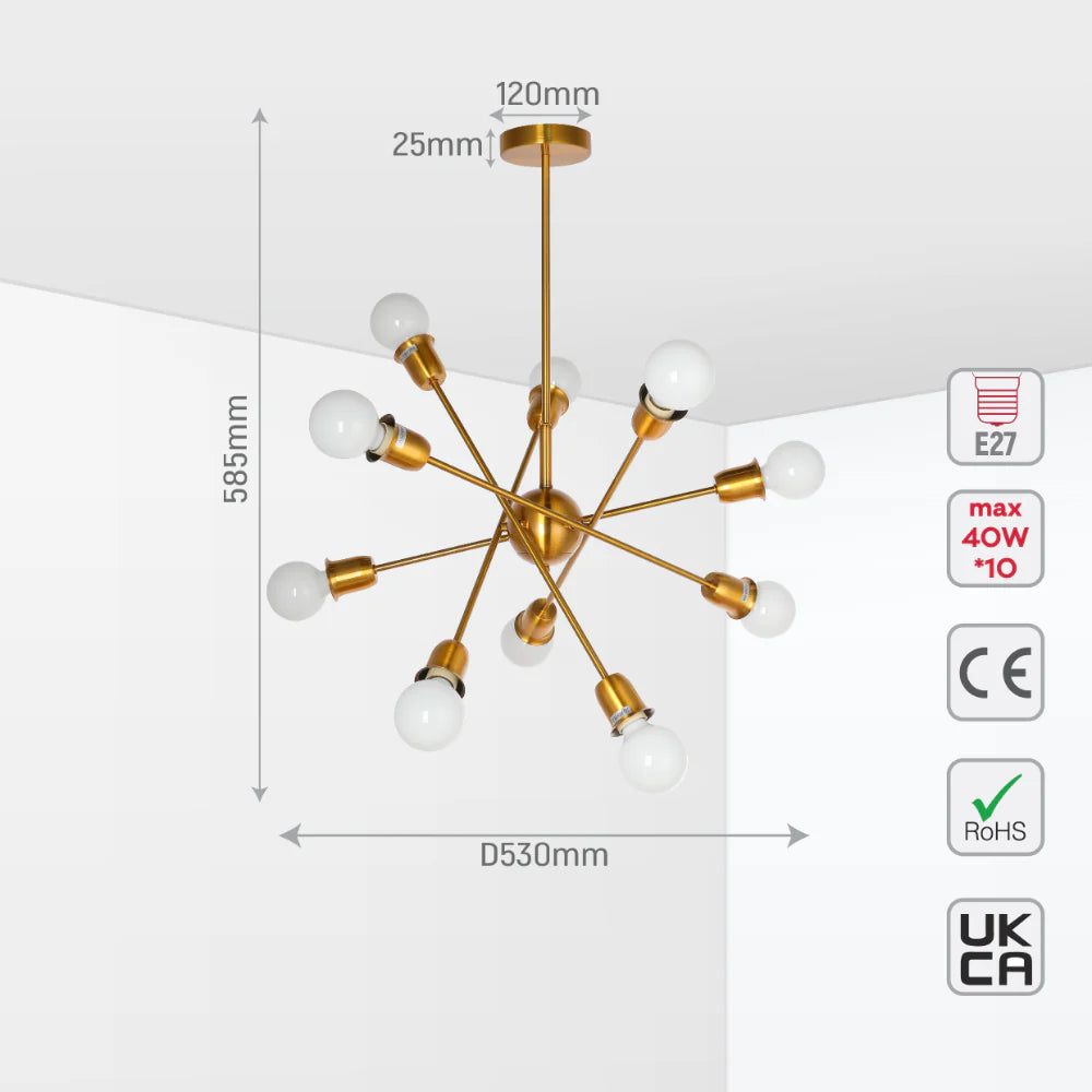 size and specs of Golden Equilibrium Sphere Sputnik Chandelier | 10-Light Geometric Elegance Fixture with opal bulb | TEKLED 158-19538
