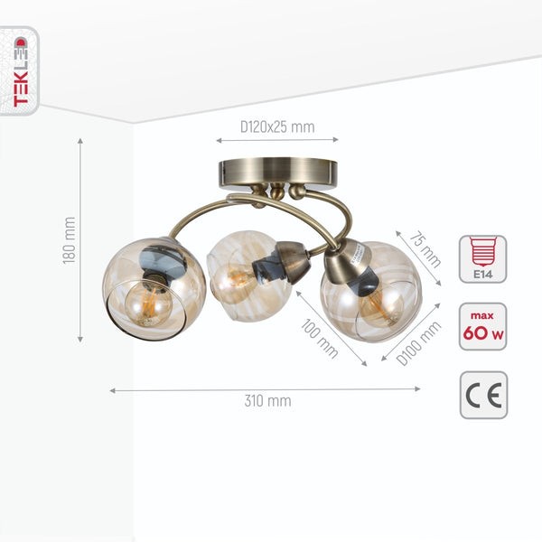 Product dimensions of amber glass antique brass semi flush ceiling light 3xe14