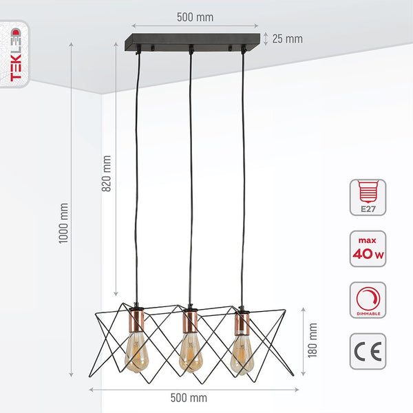 Product dimensions of black metal caged island chandelier with 3xe27 fitting