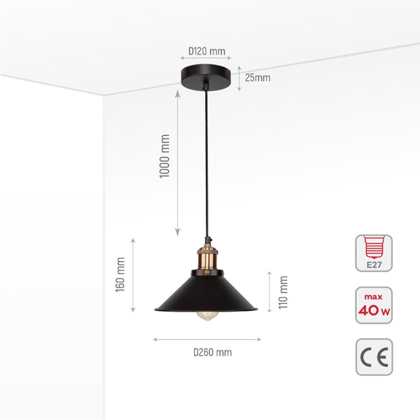 Size and specs of Black Metal Large Funnel Pendant Ceiling Light with E27 | TEKLED 150-15032