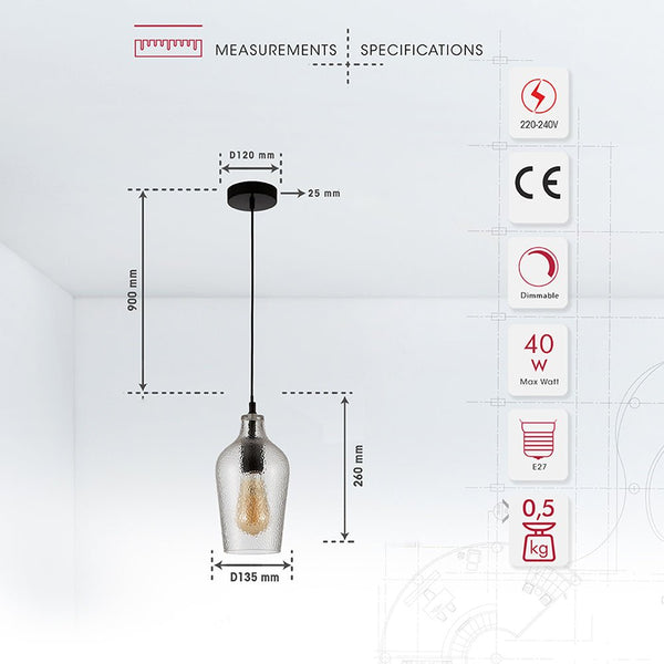 Product dimensions of clear frosted glass schoolhouse pendant light s with e27 fitting