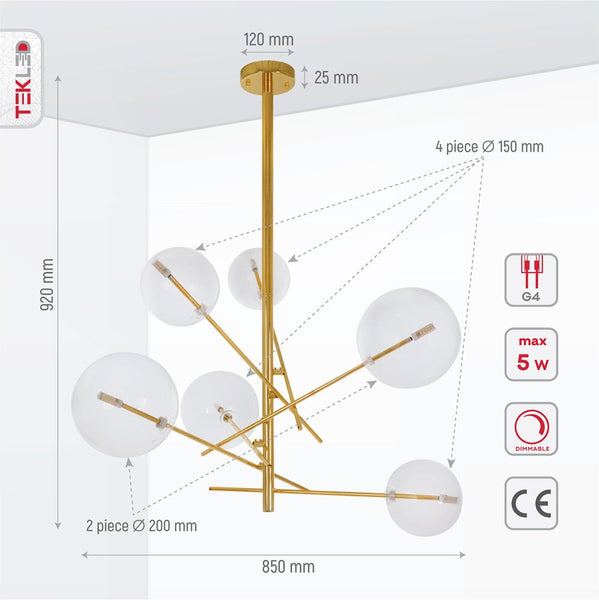Product dimensions of golden antique brass metal clear glass globe chandelier with g4 fitting
