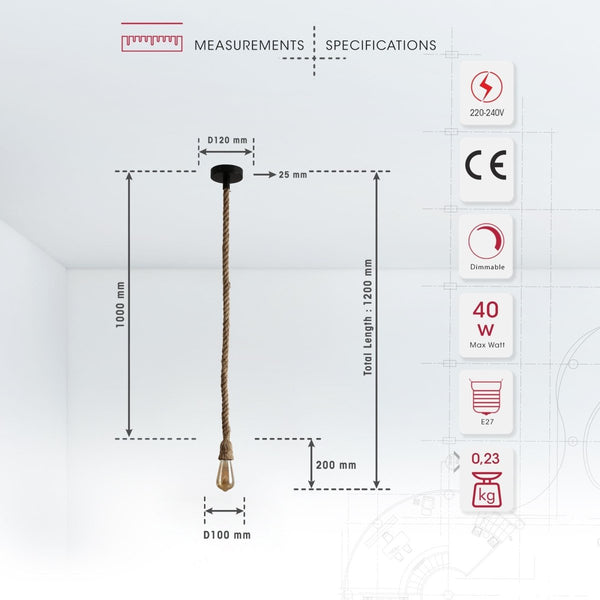 Product dimensions of hemp rope pendant light with e27 fitting