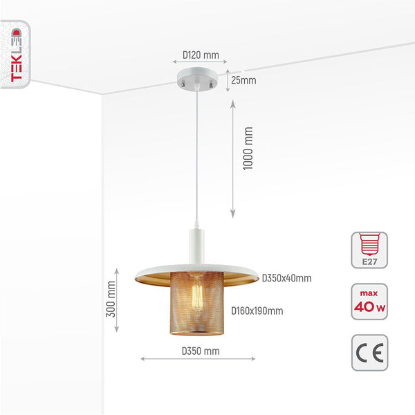 Product dimensions of white-golden metal caged flat pendant light with e27 fitting