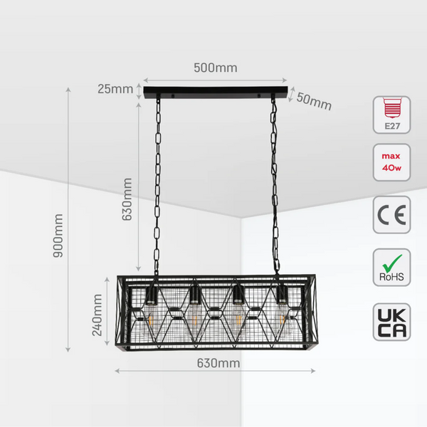 Size and certifications of Industrial Farmhouse Metal Cage Chandelier - Black Finish, 4-Light 150-19048