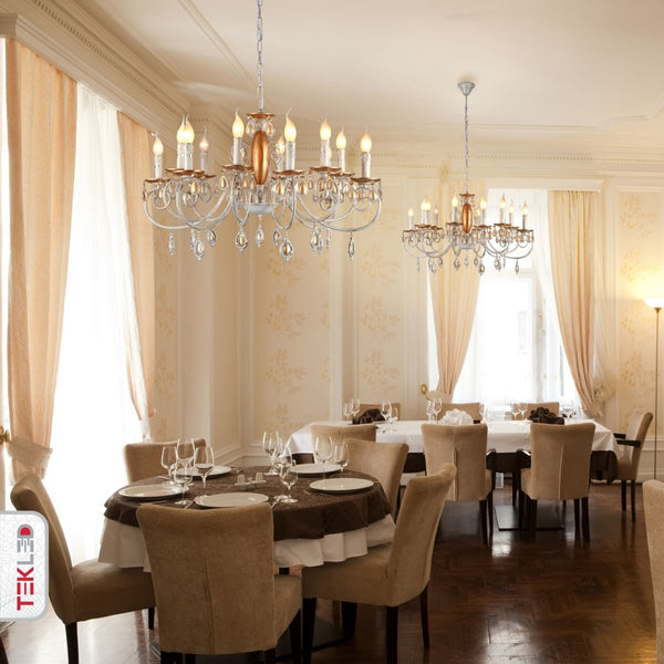 Indoor usage of Amber Crystal Gold and White Metal 12 Arm Chandelier with E14 Fitting | TEKLED 158-19445