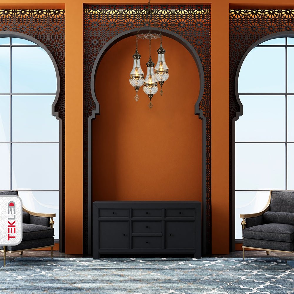 Indoor usage of Moroccan Style Antique Brass and Clear Glass Ceiling Oriental Chandelier with 3xE27 | TEKLED 158-19555