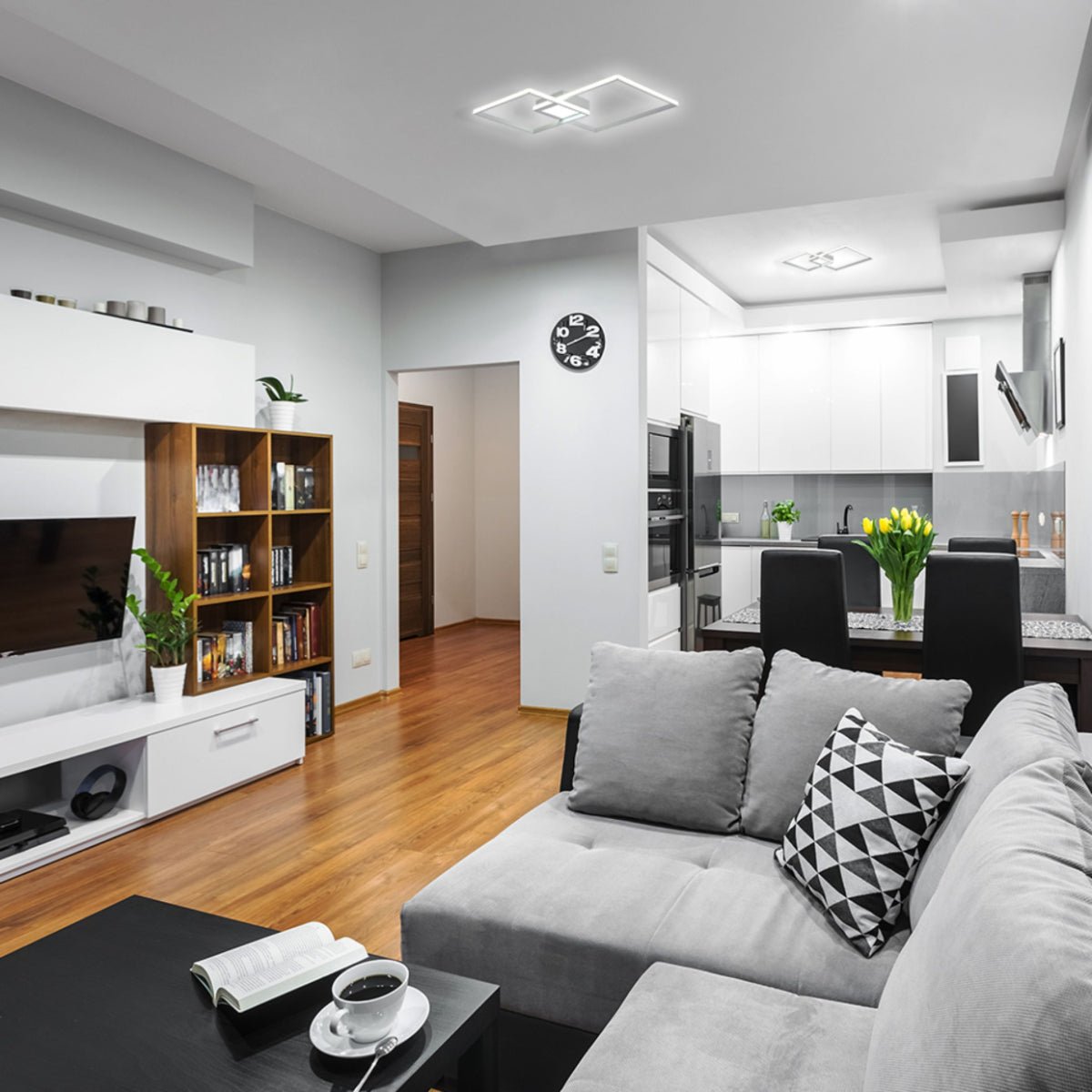 Interior application of LED Crossing Squares White Finishing 34W CCT Change Dimmable Contemporary Nordic Scandinavian Flush Ceiling Light with Remote Control | TEKLED 154-17264