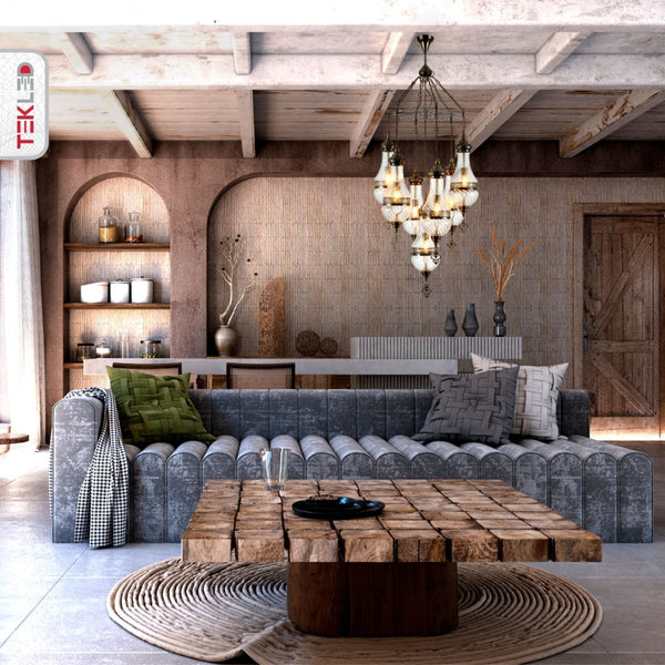 Interior application of Moroccan Style Antique Brass and Clear Glass Chandelier with 7xE27 | TEKLED 158-19557