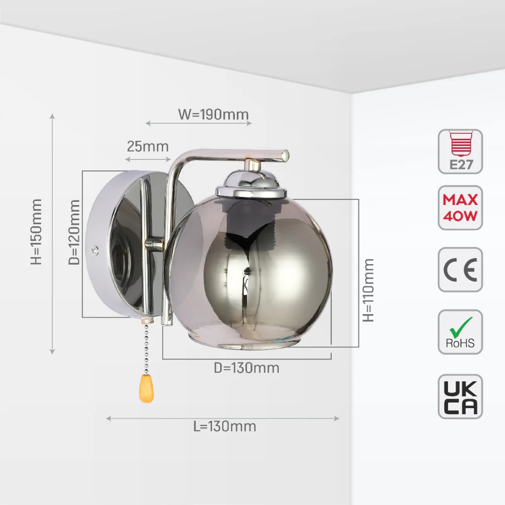 L-Shape Dome Glass Wall Light E27 with Pull Down Switch 6