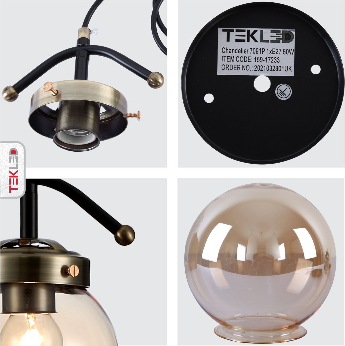 Detailed photo of amber glass globe black and antique brass pendant light e27