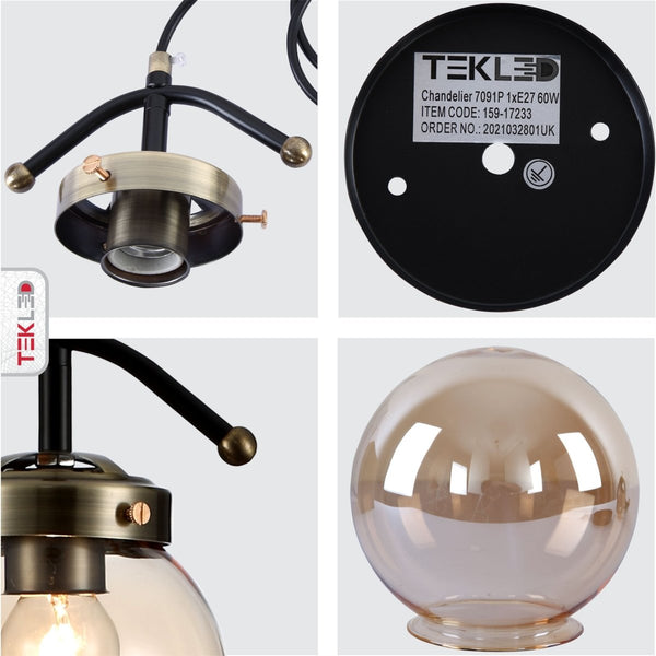 Detailed photo of amber glass globe black and antique brass pendant light e27