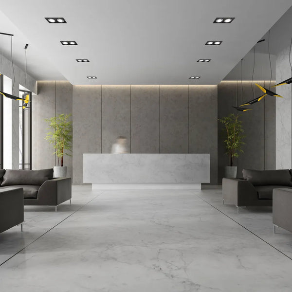 Stylish GU10 downlight fixture in a modern living room, enhancing the contemporary decor with bright, focused lighting.143-03402