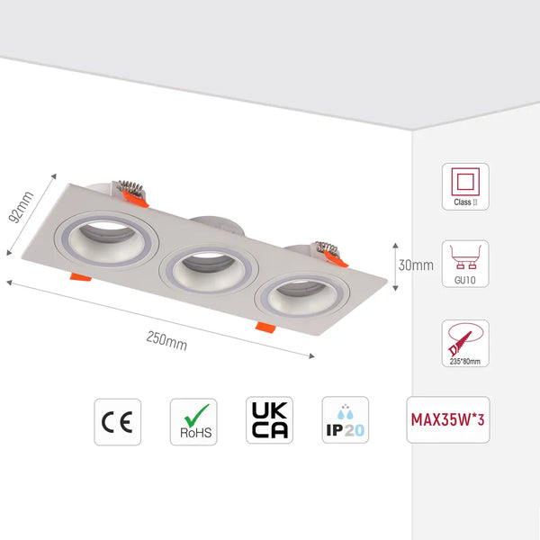 Size and technical specs of the Low UGR Fixed Recessed GU10 Downlighter Square-143-03405