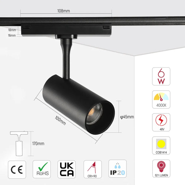 Size and technical specs of the Magnetic Cylinder Focus LED Track Light Black 4000K-169-03100
